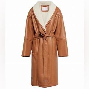 Stand Studio Dolores Tan Belted Shearling Shawl Collar Faux Leather Coat Size 8